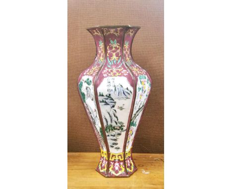 A hexagonal hand painted Chinese Canton enamel vase, H. 33cm.