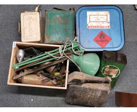 A group of mixed motor car related items and advertising cans with an angle poise lamp.