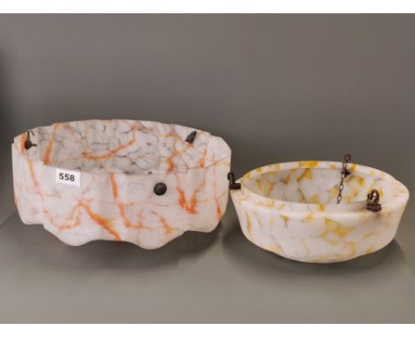 Two Art Deco marbled glass ceiling light shades, largest Dia. 36cm.