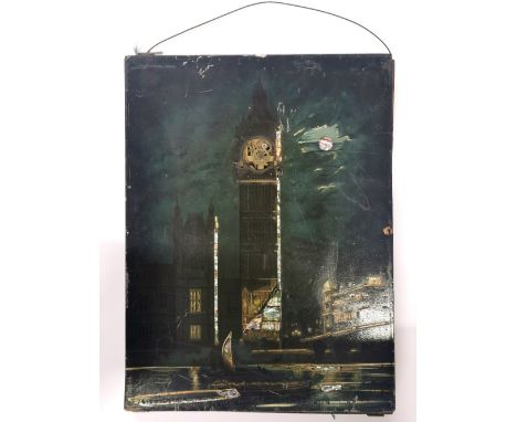A 19th Century picture wall clock of the Tower of Westminster inlaid with mother of pearl, 38 x 51cm.