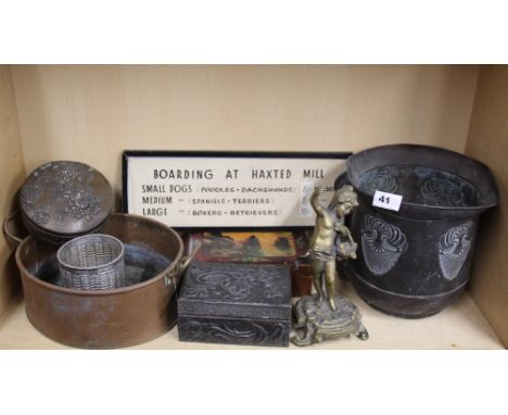 An Art Nouveau hammered copper planter, H. 22cm (A/F). Together with a group of other interesting items.