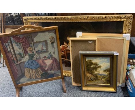 A gilt framed oil on canvas, 33cm x 42cm, together with three further framed pictures and an oak firescreen.