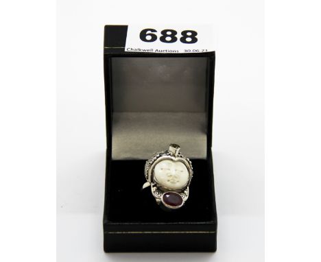 A silver ruby and citrine Art Deco style ring, (O).