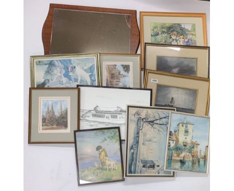 Two 19th Century framed marine prints, 34 x 40cm. with other pictures and mirror.