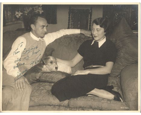 Actor Conrad Veidt vintage candid signed 10x8 black and white photo at home with his wife and dog, dedicated to John English,