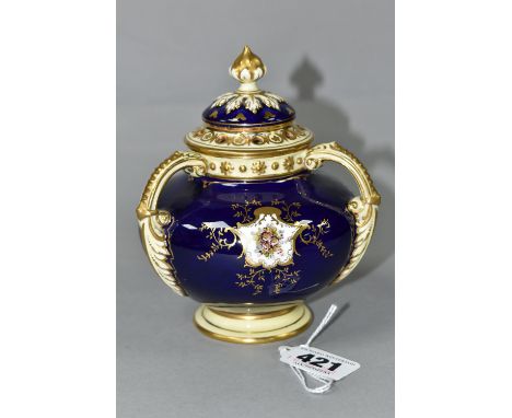 AN EARLY 20TH CENTURY COALPORT POT POURRI, blue, pale yellow and gilt ground, with domed pierced cover and inner cover, the j