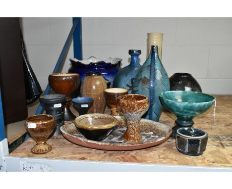 A COLLECTION OF STUDIO POTTERY, fifteen pieces including vases, goblets and bowls, many marked 'R A G' or 'R G', in a variety