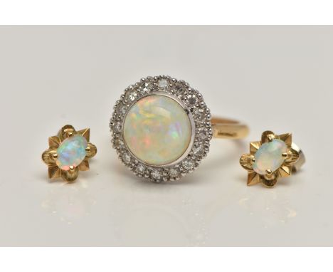 AN 18CT GOLD OPAL AND DIAMOND RING AND A PAIR OF OPAL EARRINGS, the ring of a circular form, set with a central opal cabochon