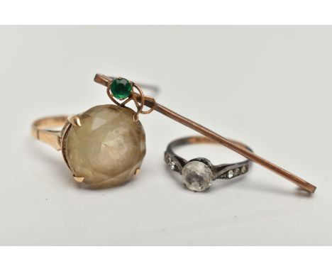 A 9CT GOLD RING AND OTHER ITEMS, a large circular cut smoky quartz prong set in yellow gold, approximate width 16mm, hallmark
