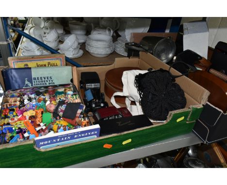 THREE BOXES OF MISCELLANEOUS SUNDRIES, to include a gold coloured Chinese dressing gown/jacket size 36, wicker picnic basket,