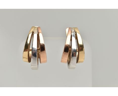 A PAIR OF 18CT TRI-COLOUR GOLD HOOP EARRINGS, rose, yellow and white gold hoops, fitted with posts and clip back fittings, ha