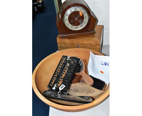 A COLLECTION OF TREEN AND SUNDRIES, to include a large wooden bowl, diameter 46cm x height 17cm, a wooden framed abacus, a bu