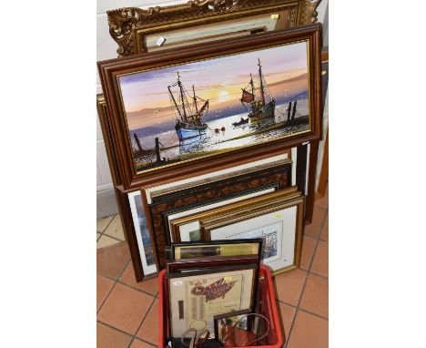 DECORATIVE PICTURES AND PRINTS ETC, to include a Gordon Allen, oil on canvas depicting fishing boats at their moorings, appro