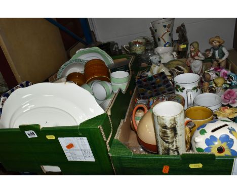 THREE BOXES OF CERAMICS AND GLASSWARE, to include a Cornish Carn pottery vase,  Hornsea 'Saffron' pattern tea cannister, chin