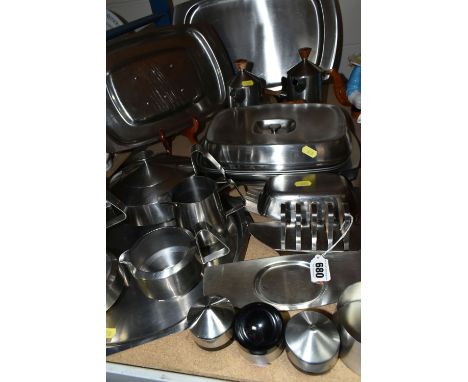 A COLLECTION OF OLD HALL STAINLESS STEEL ITEMS DESIGNED BY ROBERT WELCH, to include serving dishes, tea set, coffee pots, cru