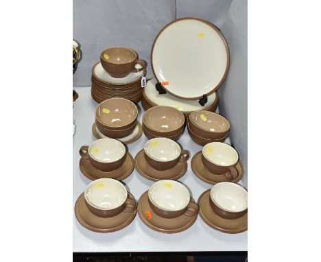 A GROUP OF DENBY 'CINNAMON' DINNER AND TEAWARE, comprising six dinner plates, six side plates, one tea plate, six cereal bowl