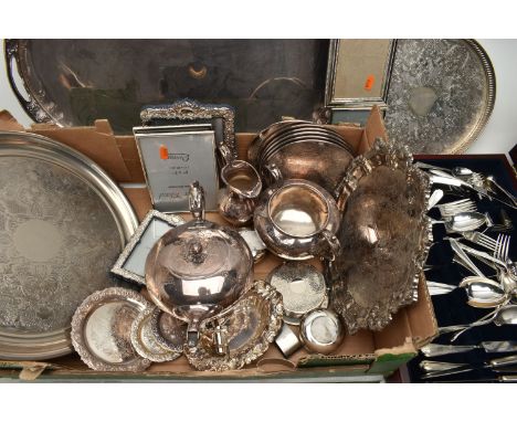 A BOX OF ASSORTED WHITE METAL WARE, to include a large oval tray with pierced rim, an 'Arthur Price' silver plate waiter, a t