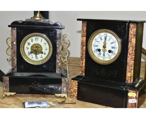 TWO BLACK SLATE AND MARBLE MANTEL CLOCKS, one having an ornate finial, foliate decoration, and black Arabic numerals to dial,