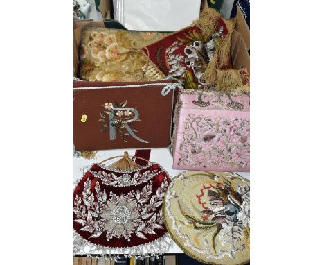 A BOX OF ASSORTED VICTORIAN TEXTILES, including a beaded cushion with floral and seashell tapestry, a red velvet and beaded f