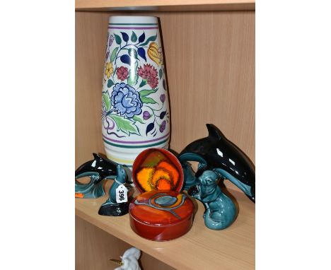 A COLLECTION OF POOLE POTTERY, comprising a tall vase painted with flowers, height 40cm, a Delphis dish diameter 12.5cm, an O