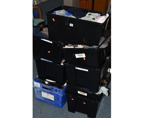 SEVEN BOXES OF LADIES CLOTHING, to include trousers, skirts, tops, sweaters and dresses, makers names; Vyella, Episode, M&amp