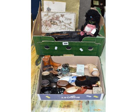 TWO BOXES AND LOOSE CERAMIC, WOODEN, METAL AND GLASS ORNAMENTAL BOOTS AND SHOES, PRINTED EPHEMERA, CLAY PIPES, FRAMED CUNEO P