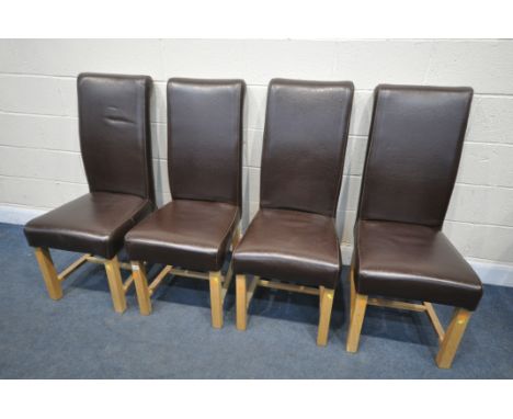 A SET OF FOUR MODERN BROWN LEATHER HIGH BACK DINING CHAIRS, on light oak legs (condition report: -good) (4)