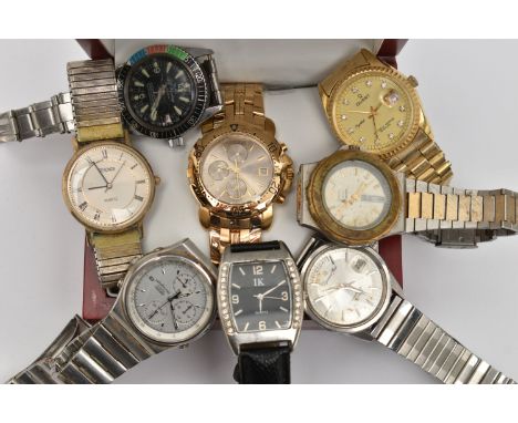 A BOX OF ASSORTED WRIST WATCHES, eight wrist watches to include a 'Seiko' quartz chronograph, a 'Tara' self-winding, other na
