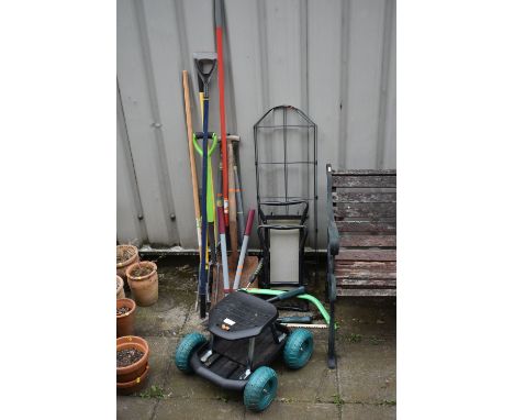 A SELECTION OF GARDEN TOOLS, to include spades, forks, garden cart, etc (10+)