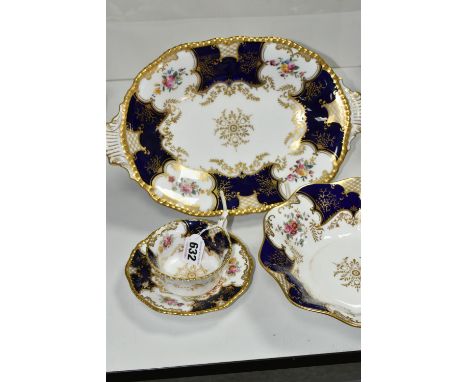 TWO COALPORT DISHES, together with a cup and saucer, cobalt blue panels, Y2665 pattern inside cup, trailing floral design alo