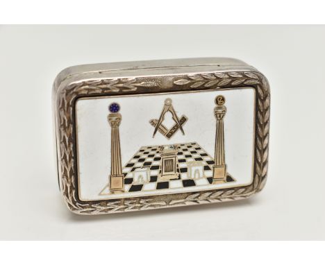 A SILVER AND ENAMEL MASONIC SNUFF BOX, rectangular box detailed with a white, black and blue enamel masonic scene to the hing
