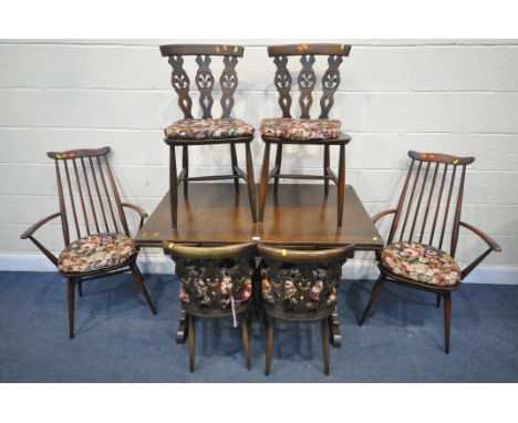 AN ERCOL DRAW LEAF DINING TABLE, width 114cm x depth 71cm x height 74cm, together with a set of four Ercol fleur de Lys feath