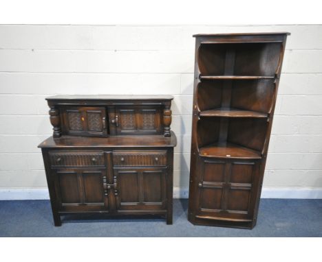 AN ERCOL ELM OLD COLONIAL OPEN CORNER CUPBOARD, width 76cm x depth 45cm x height 184cm, along with an Ercol court cupboard, w