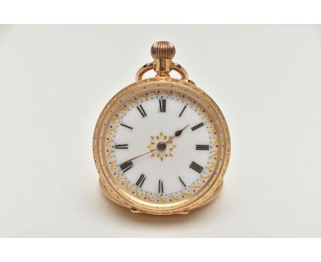 A LADYS YELLOW METAL OPEN FACE POCKET WATCH, manual wind, round white dial with gold floral detail, Roman numerals, gold hand