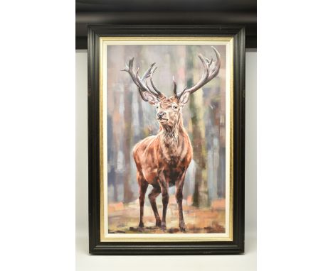 DEBBIE BOON (BRITISH CONTEMPORARY), 'STANDING TALL', a signed limited edition print of a stag, 57/195 no certificate, approxi