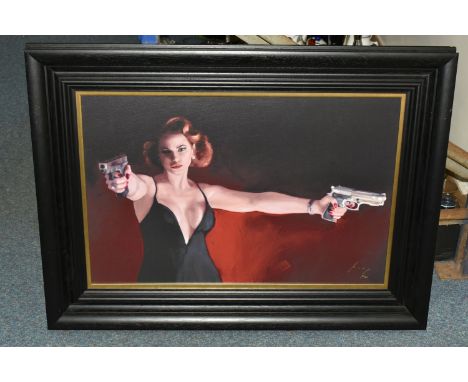VINCENT KAMP (BRITISH CONTEMPORARY) 'CANDY CLEANS UP' a signed limited edition print of a female holding two 9mm pistols, 54/