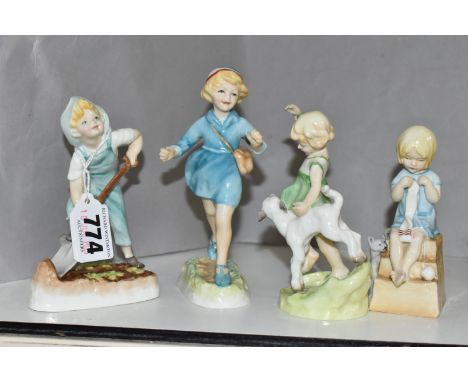 FOUR ROYAL WORCESTER FIGURES OF CHILDREN, AFTER FREDA DOUGHTY, comprising Katie, Gardener, Hometime and Springtime (4) (Condi