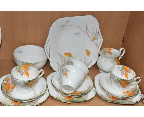 A NINETEEN PIECE SHELLEY 'ORANGE WISTERIA' PATTERN PART TEA SET, with printed and tinted foliate decoration, pattern no IS 01