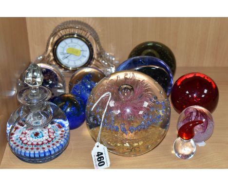 A GROUP OF GLASS PAPERWEIGHTS AND A WATERFORD CRYSTAL MANTEL CLOCK, comprising a Waterford Wharton mantel clock, height 10cm,