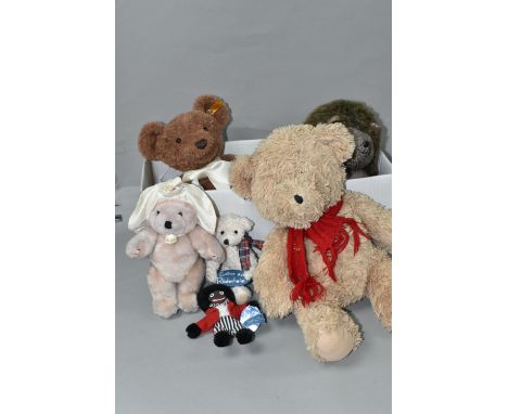 A BOX OF SOFT TOYS TO INCLUDE A STEIFF 2021 BEAR, Hamleys bear, a small German tourist bear from Rudesheim, hedgehog doorstop