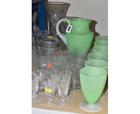 A GROUP OF 20TH CENTURY GLASSWARE, comprising a green and white Stevens &amp; Williams of Stourbridge lemonade set of six gla