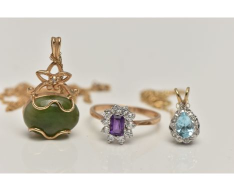 A BAG OF JEWELLERY, to include a 9ct gold cluster ring, set with an amethyst in a surround of cubic zirconia, pinched shoulde