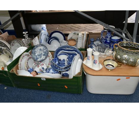 FIVE BOXES OF CERAMICS AND GLASSWARE, to include a large cream bread bin, Wedgwood 'Ice Rose' pattern tea ware and giftware, 