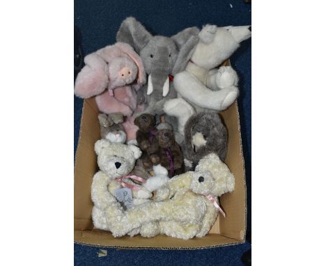 A BOX OF BOYDS BEARS' TEDDIES AND SOFT TOYS, comprising JB Bean and Associates 'Hilary' bear, two small standing brown bears,