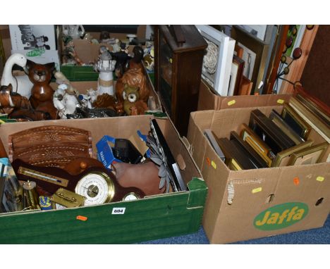 FOUR BOXES AND LOOSE PICTURES, CLOCKS AND SUNDRY HOMEWARES, to include modern decorative prints, a quantity of empty picture 