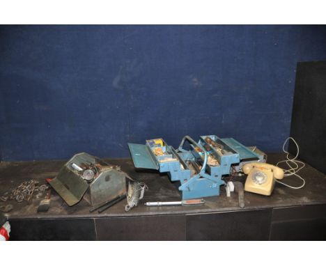TWO METAL TOOLBOXES CONTAINING TOOLS including a Britool Torque Wrench, spanners, chains, grips, screwdrivers, pliers, a vint