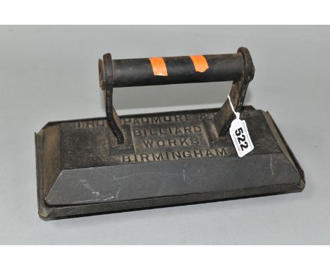 A CAST IRON THOMAS PADMORE &amp; SONS OF BIRMINGHAM BILLIARD TABLE FLAT IRON OF RECTANGULAR FORM, with metal stand on four ba