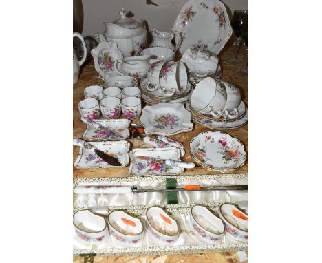 A COLLECTION OF ROYAL CROWN DERBY 'DERBY POSIES' PATTERN TEAWARE, comprising a boxed set of six napkin rings and cake knife, 