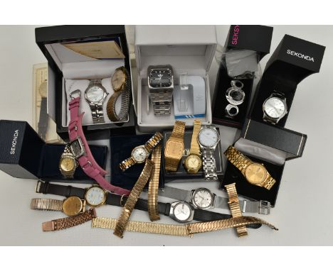 A BOX OF ASSORTED WRISTWATCHES, seventeen wristwatches, names to include 'Fossil, Montine, Addidas, Zeitner, Citizen, Seksy, 