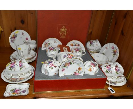 A BOXED ROYAL CROWN DERBY 'DERBY POSIES' PATTERN TEA SET, together with a loose tea set, comprising a small teapot, two tea c